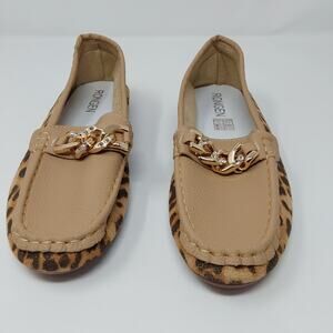 Women’s Leopard Print Loafers Gold Chain Rhinestone Driving Shoes Slip On Size 9